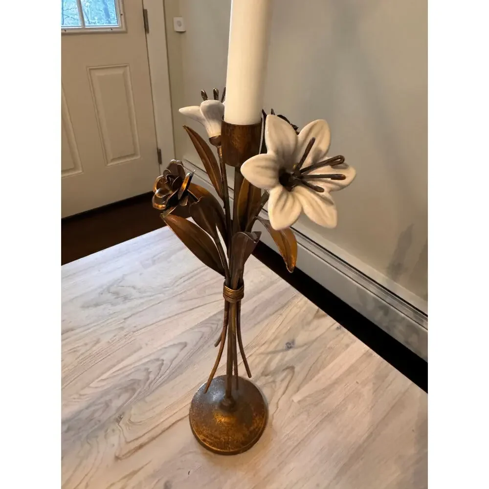 VINTAGE French Ceramic Lilies Bronze Tone Rose Hollywood Regency Candle Holder